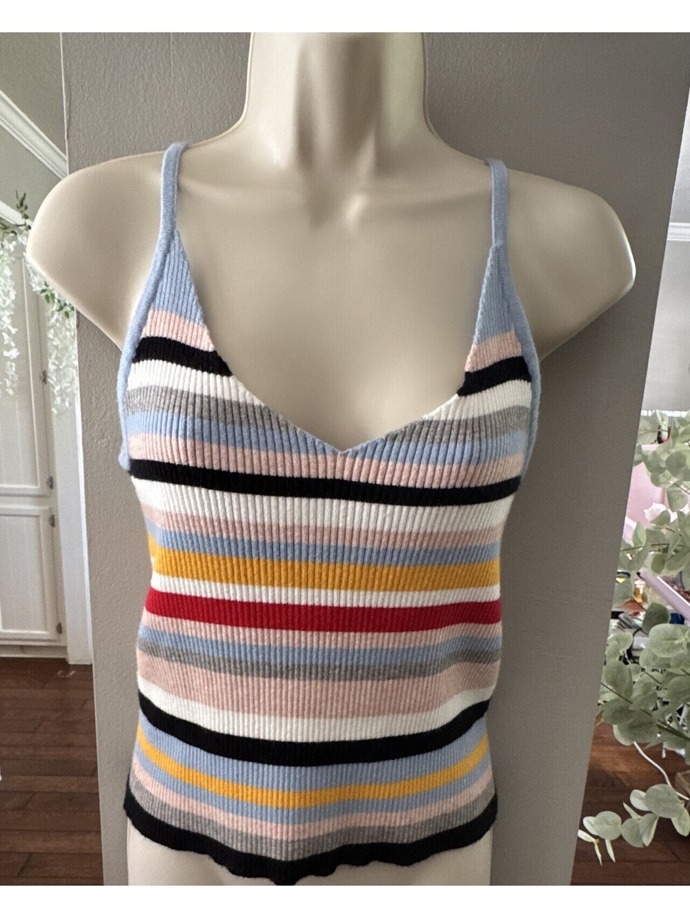 Cotton Emporium Women's Striped Ribbed Knit V-Neck Spaghetti Strap Top